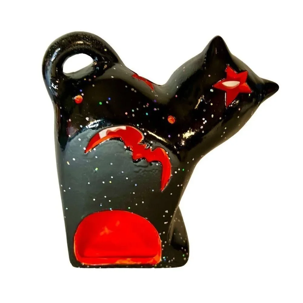 VTG Halloween Black Orange Ceramic Cut Out Glitter Cat Tealight Holder Decor